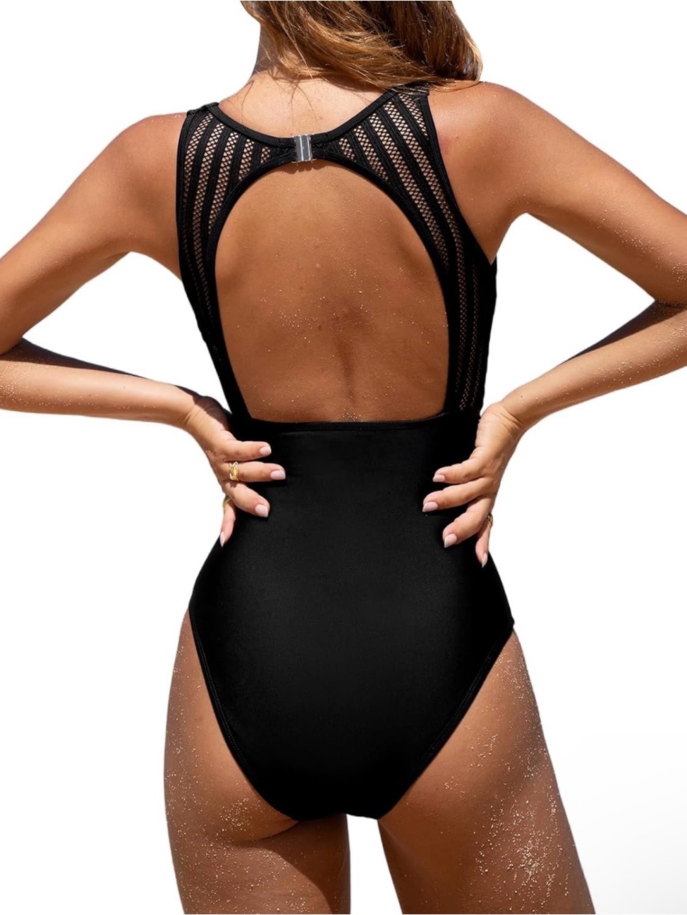 NEW! Cupshe Black Open-Back Mesh-Detail One-Piece Swimsuit size small